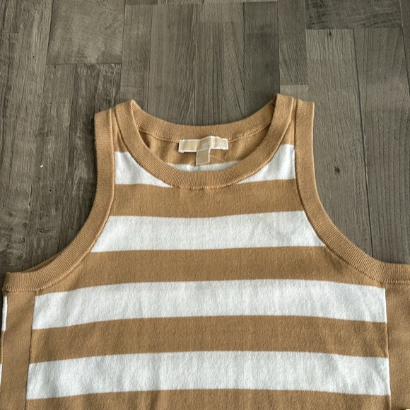 MICHAEL KORS WOMENS STRIPPED KNIT TANK TOP. CREW NECK.  Medium, khaki/white - Picture 6 of 12